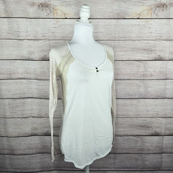 Free People We the Free Long Sleeve Burnout Baseball Tee Lace Top Small - Picture 6 of 9